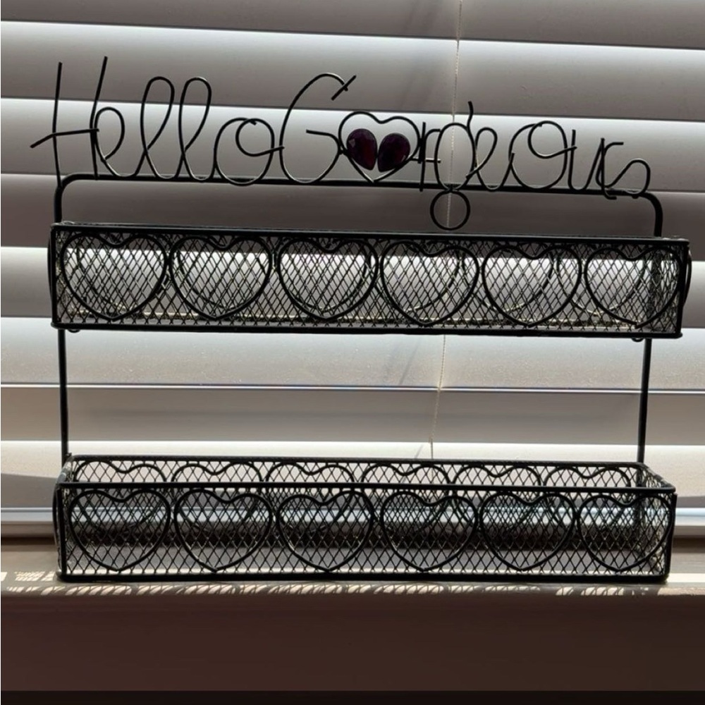 Black Wire Shelf with 'Hello Gorgeous' Sign